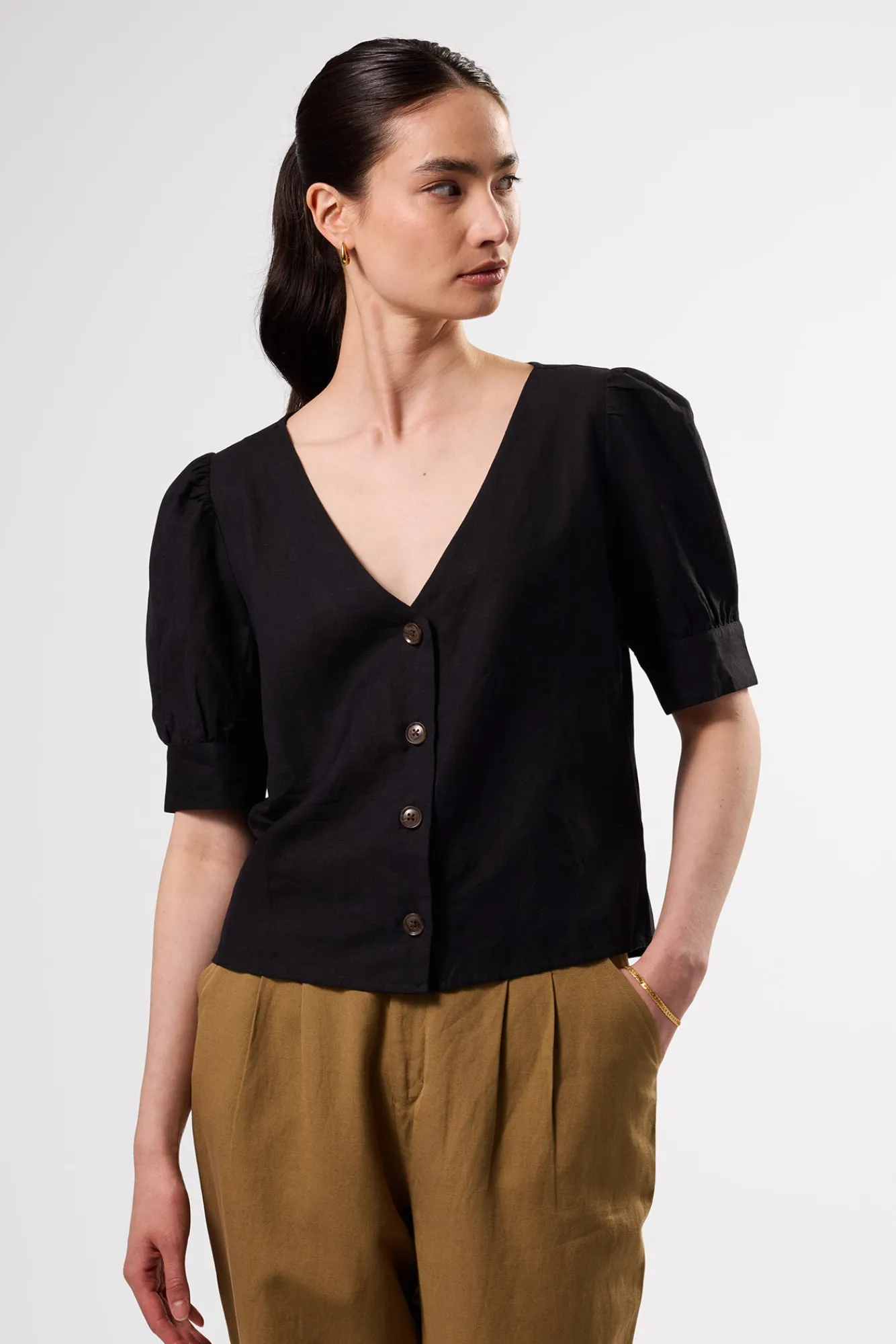 Amour Vert V Neck Cuff Sleeved Blouse- Tops|Clearance