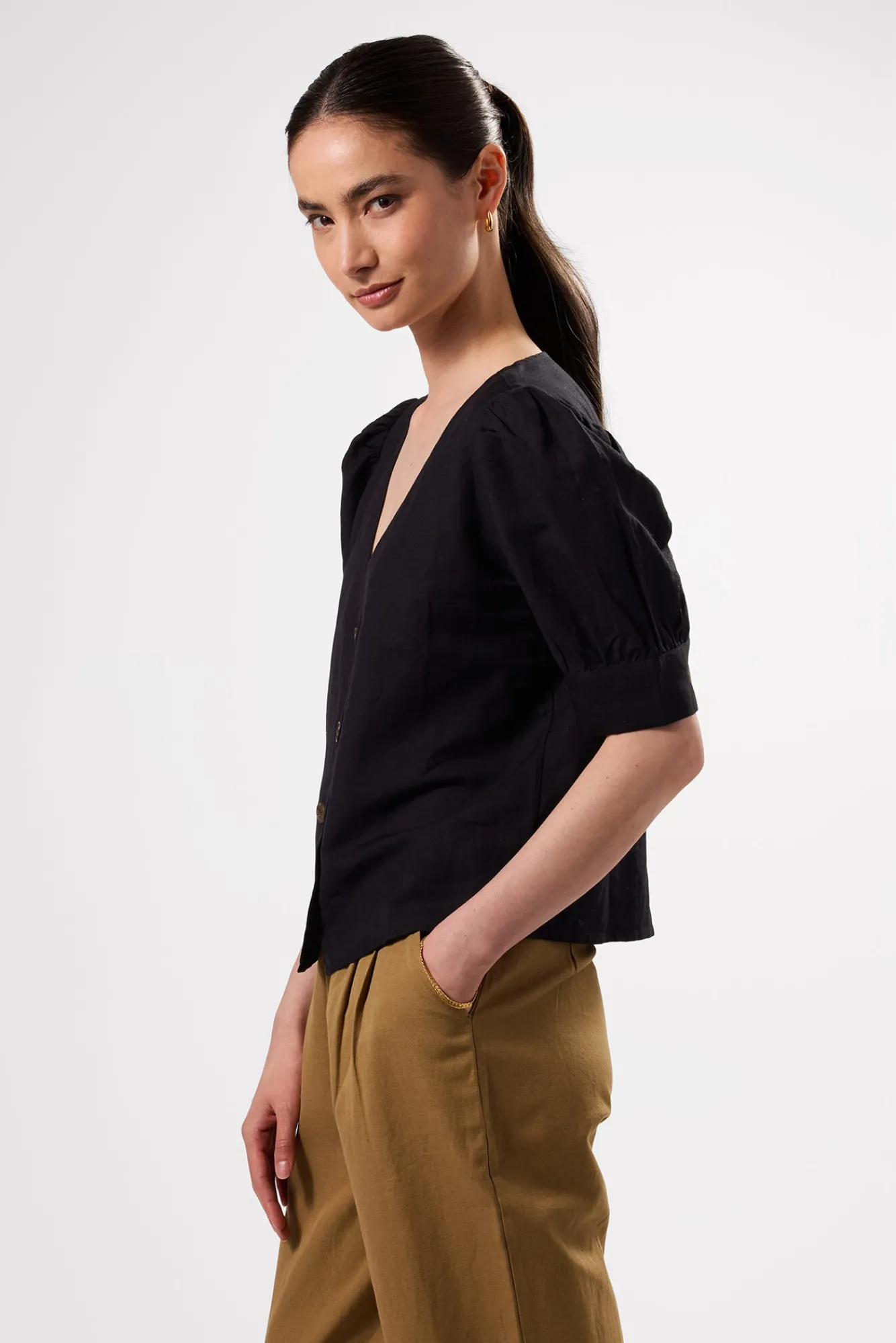 Amour Vert V Neck Cuff Sleeved Blouse- Tops|Clearance