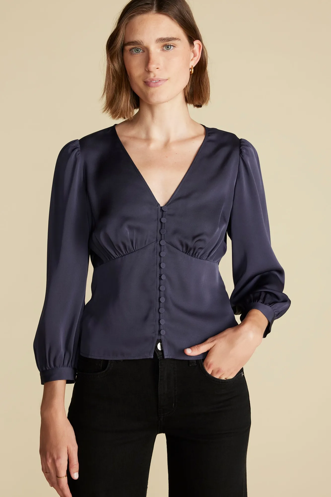 Amour Vert Aurelie Stretch Silk Bustier Blouse- Blouses & Shirts|Tops