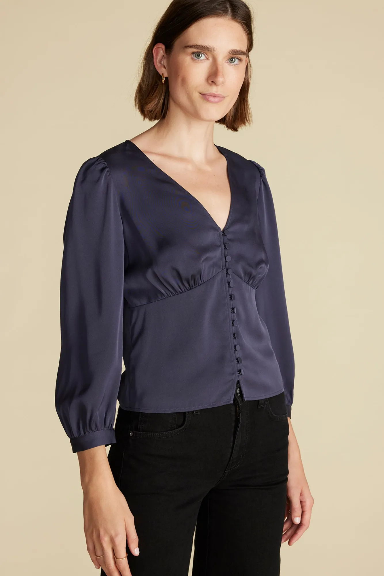 Amour Vert Aurelie Stretch Silk Bustier Blouse- Blouses & Shirts|Tops