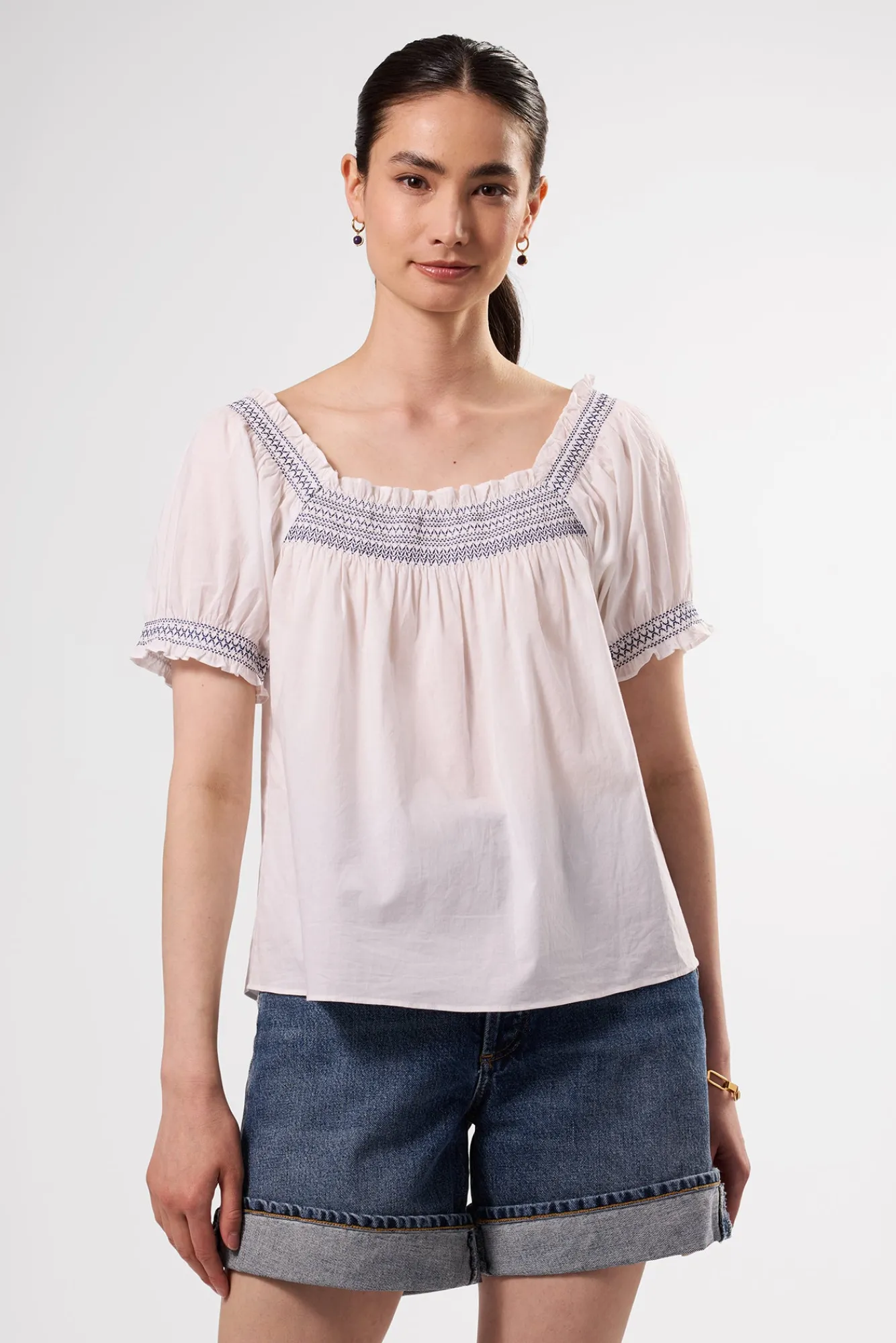 Amour Vert Embroidered Smocked Top- Tops|Clearance