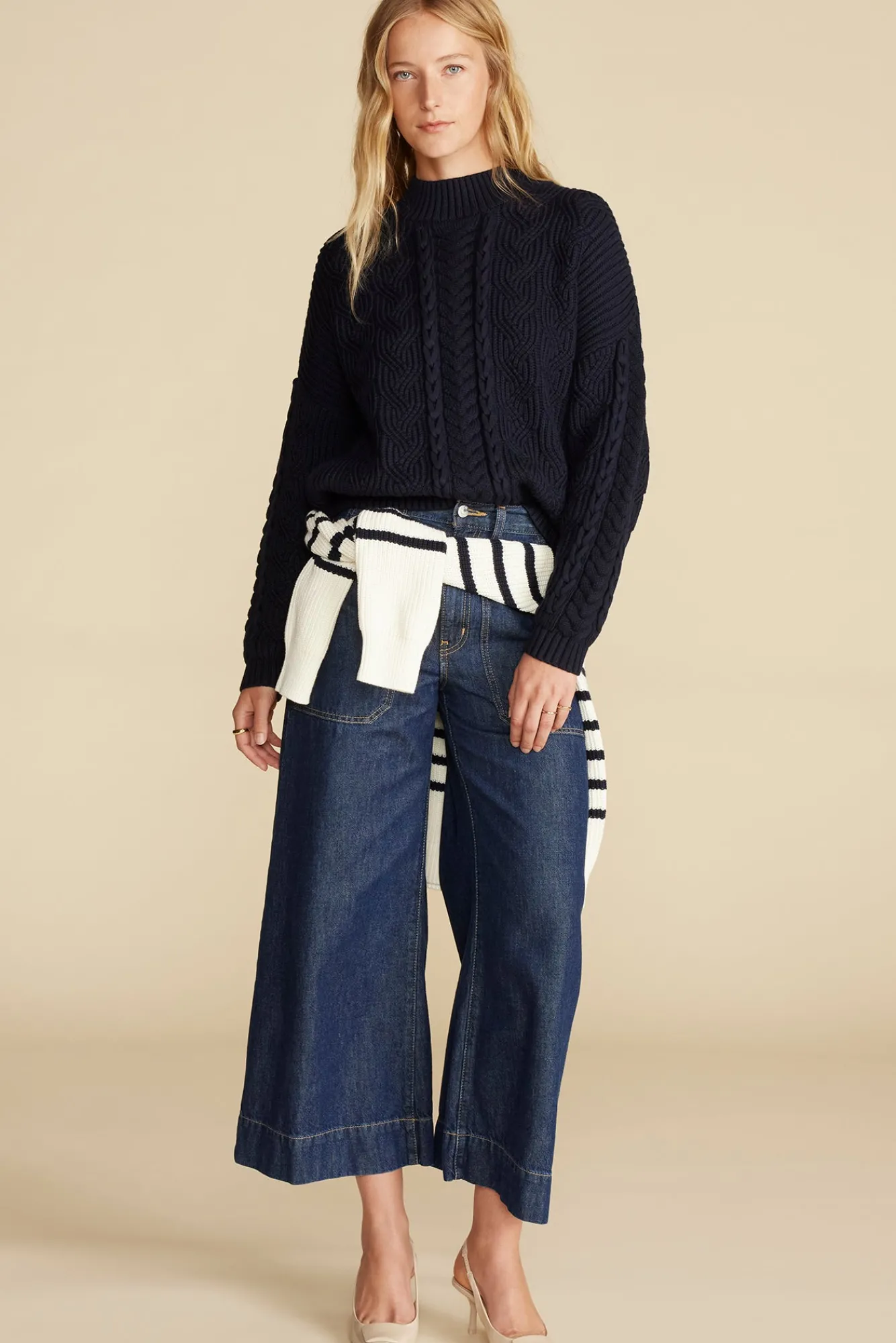 Amour Vert Celeste Cable Cotton Merino Sweater- Sweaters & Cardigans