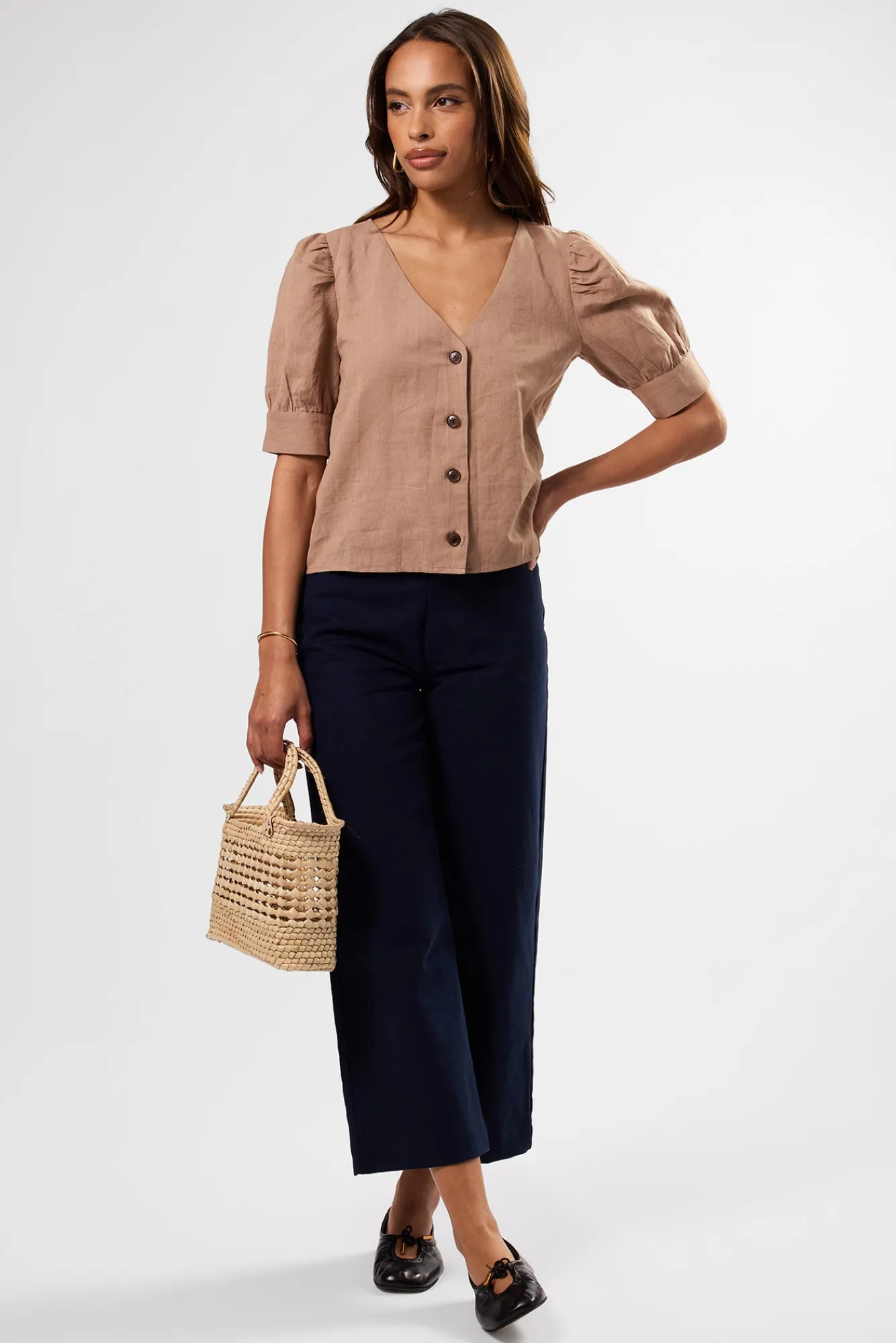 Amour Vert V Neck Cuff Sleeved Blouse- Tops|Clearance