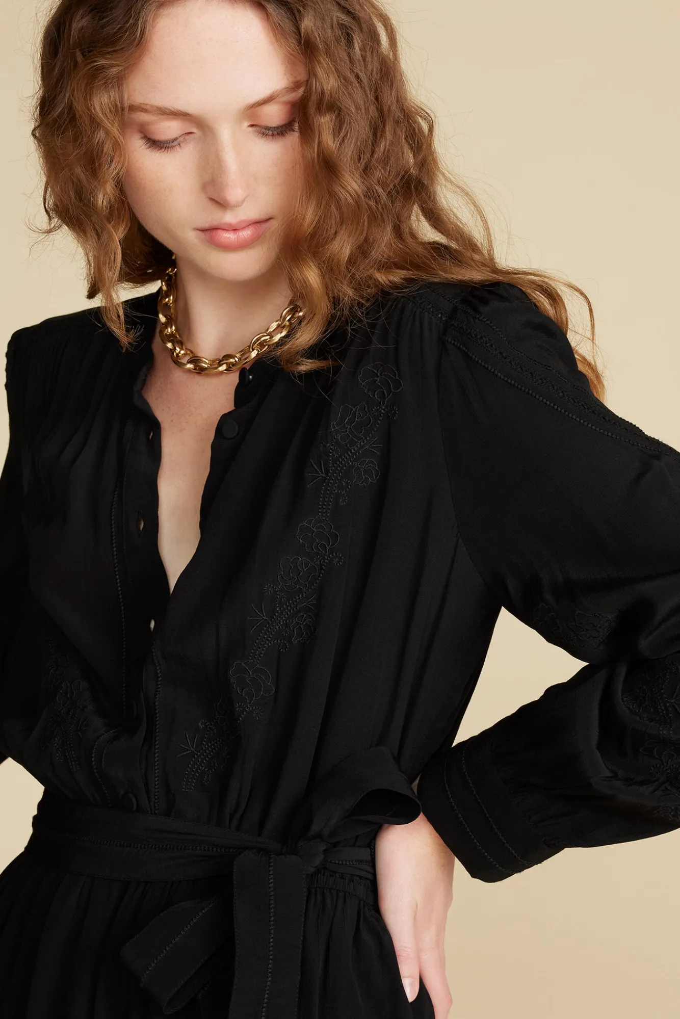 Amour Vert Malta Embroidered Crepe Dress- Dresses