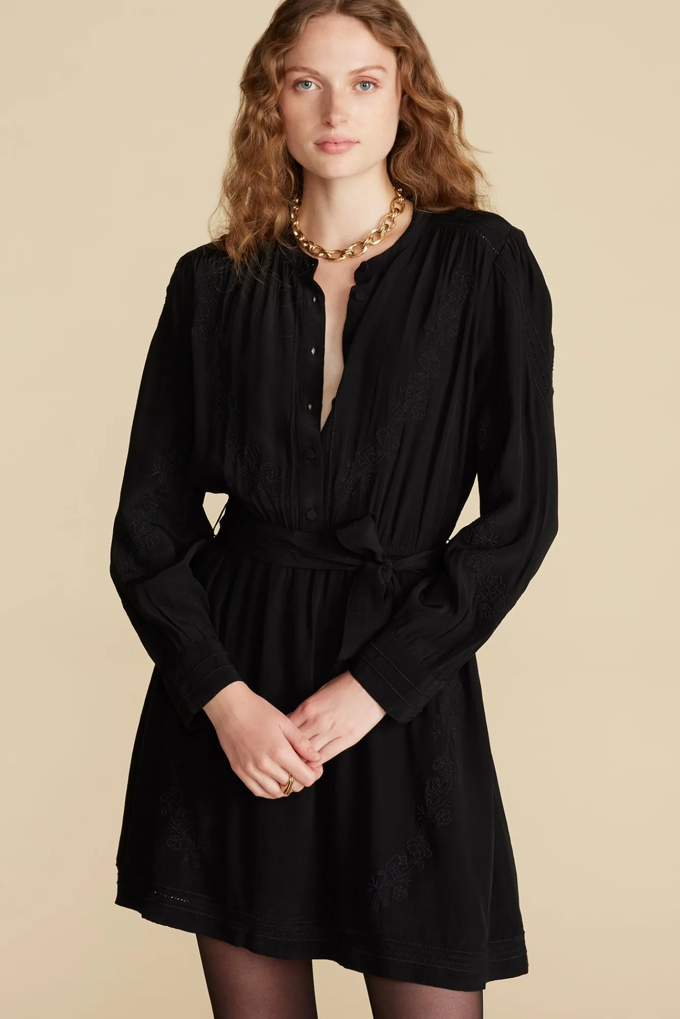 Amour Vert Malta Embroidered Crepe Dress- Dresses