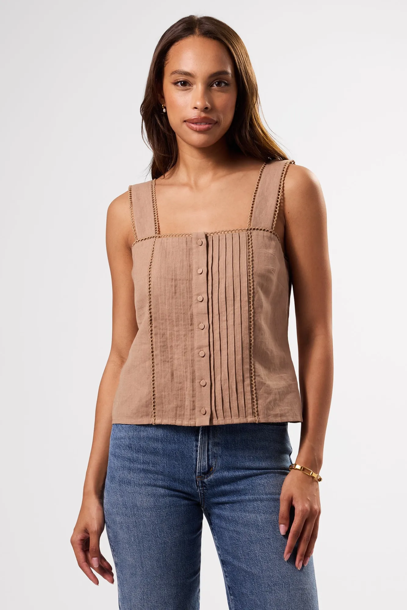 Amour Vert Crochet Trim Cotton Linen Tank- Tops|Clearance