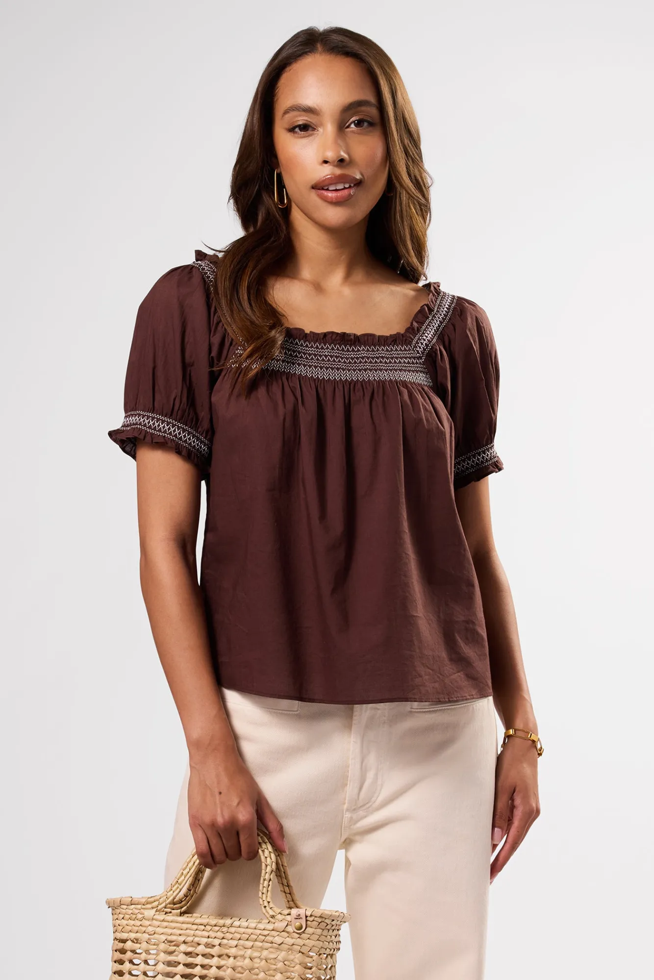 Amour Vert Embroidered Smocked Top- Tops|Clearance