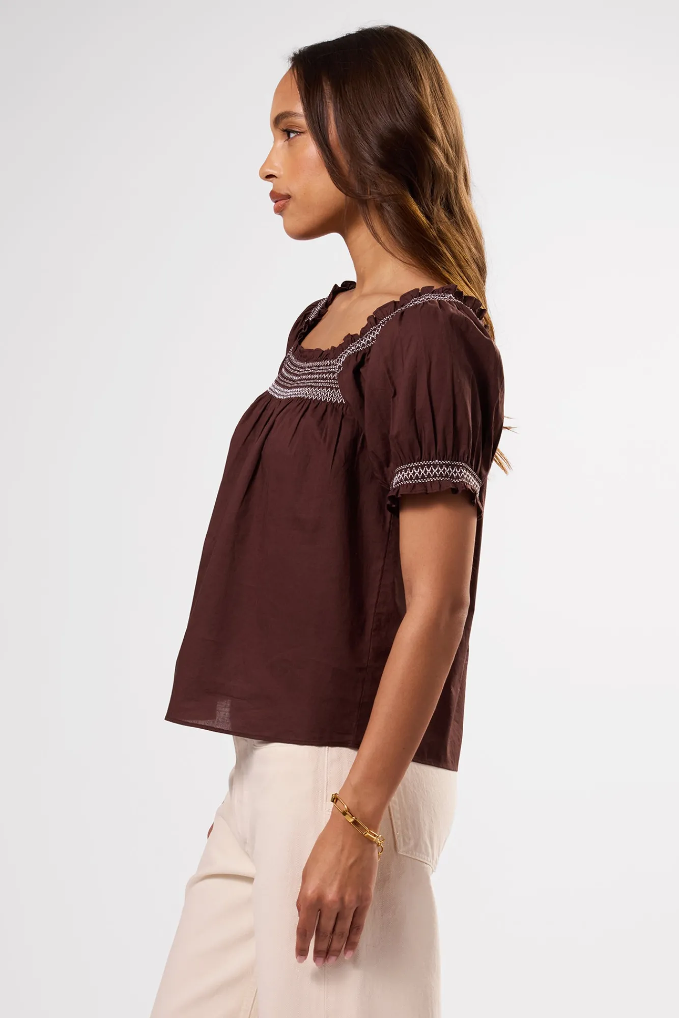 Amour Vert Embroidered Smocked Top- Tops|Clearance