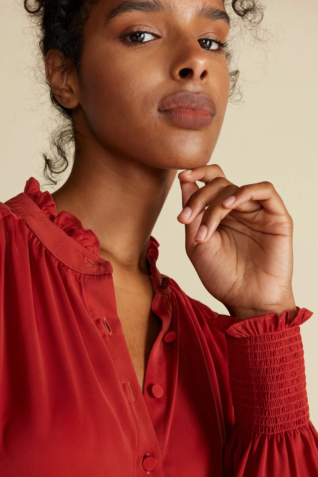 Amour Vert Charlotte Ruffled Recycled Sateen Blouse- Blouses & Shirts|Tops