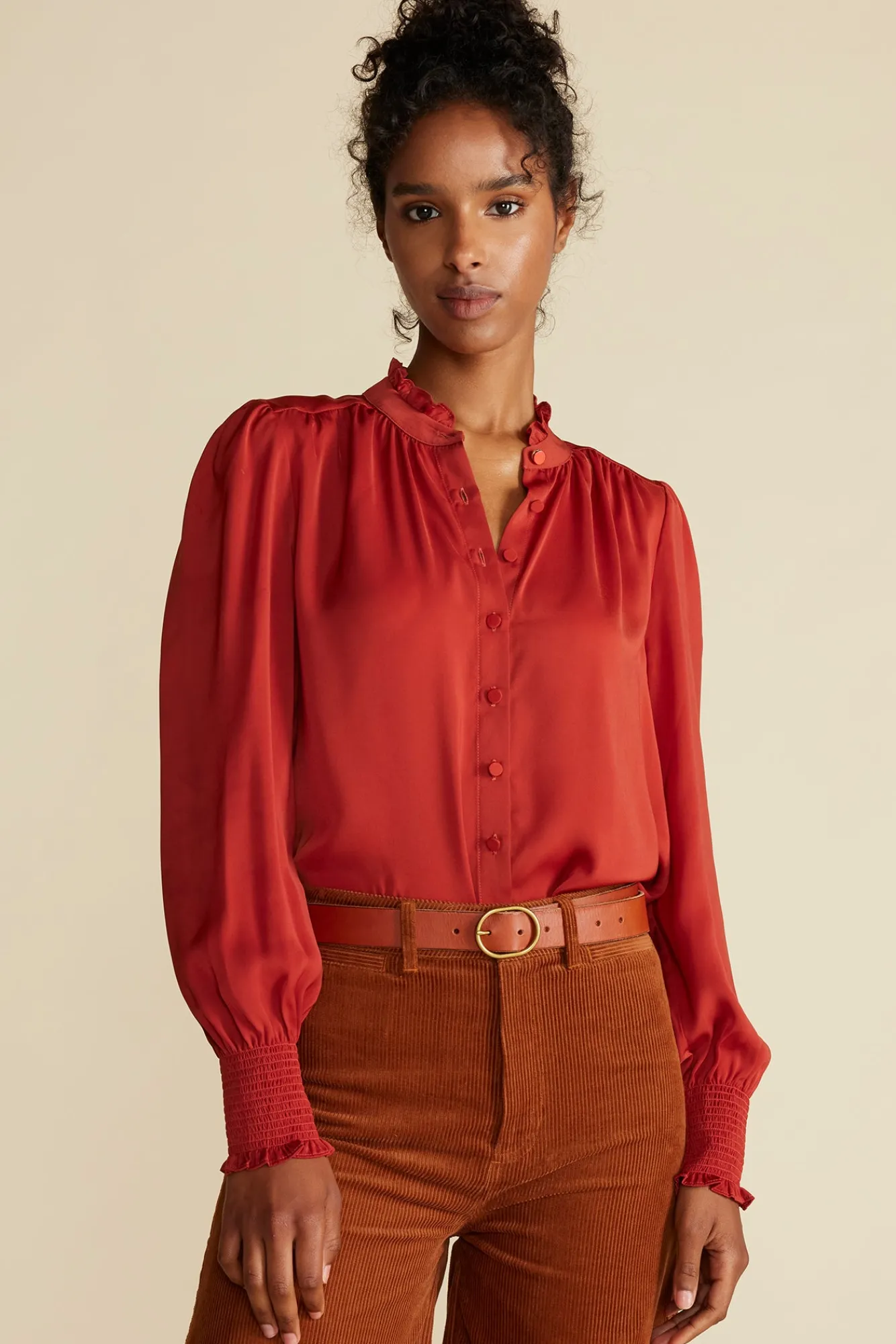 Amour Vert Charlotte Ruffled Recycled Sateen Blouse- Blouses & Shirts|Tops