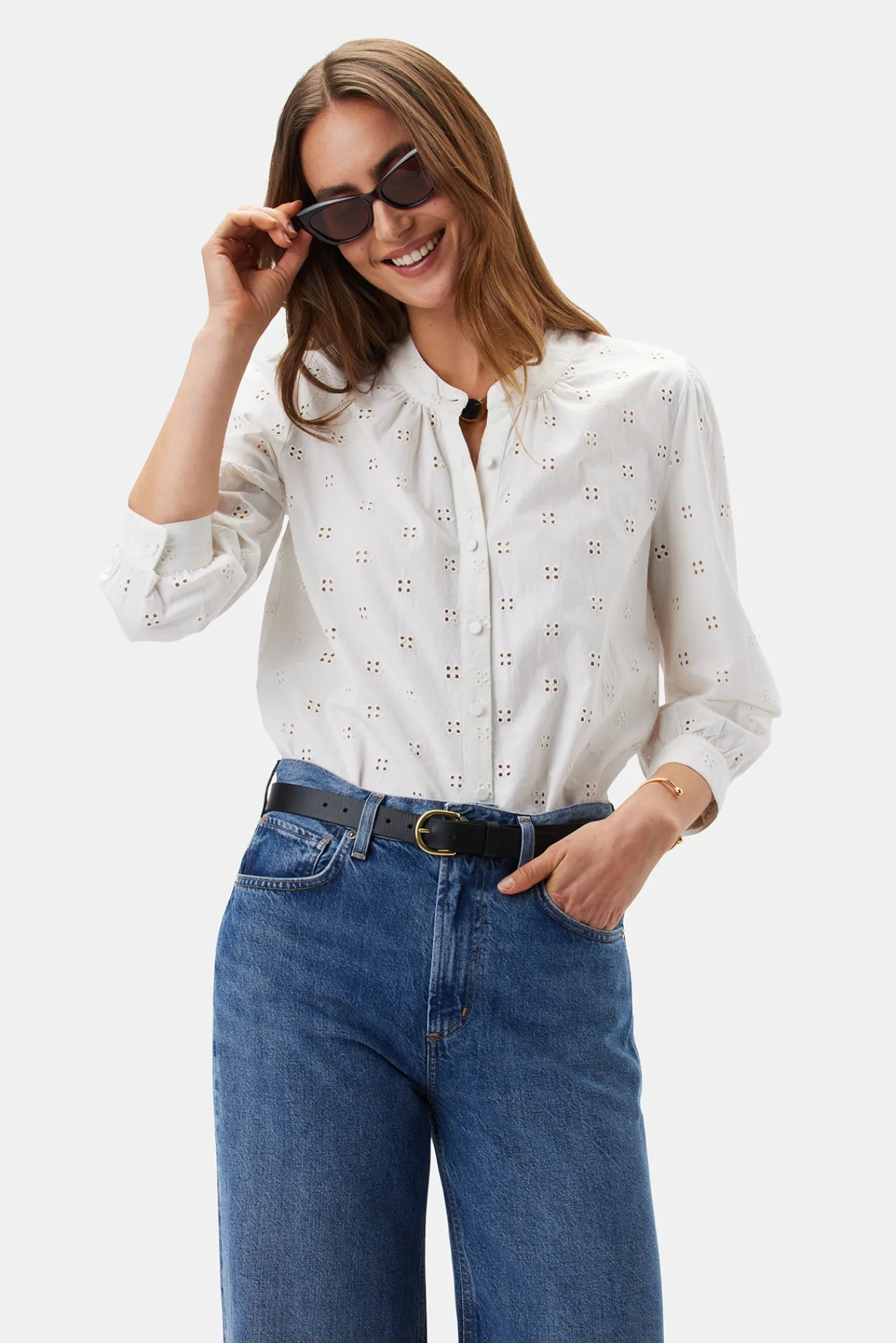 Amour Vert Charlotte Organic Cotton Eyelet Blouse- Tops|Clearance