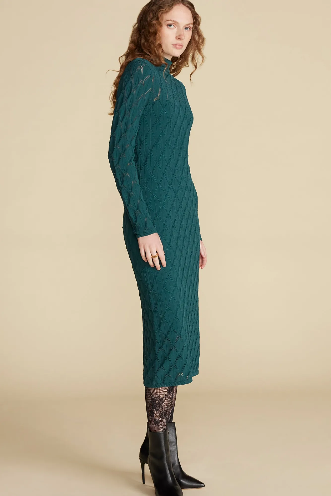 Amour Vert Dore Diamond Pointelle Midi Dress- Dresses