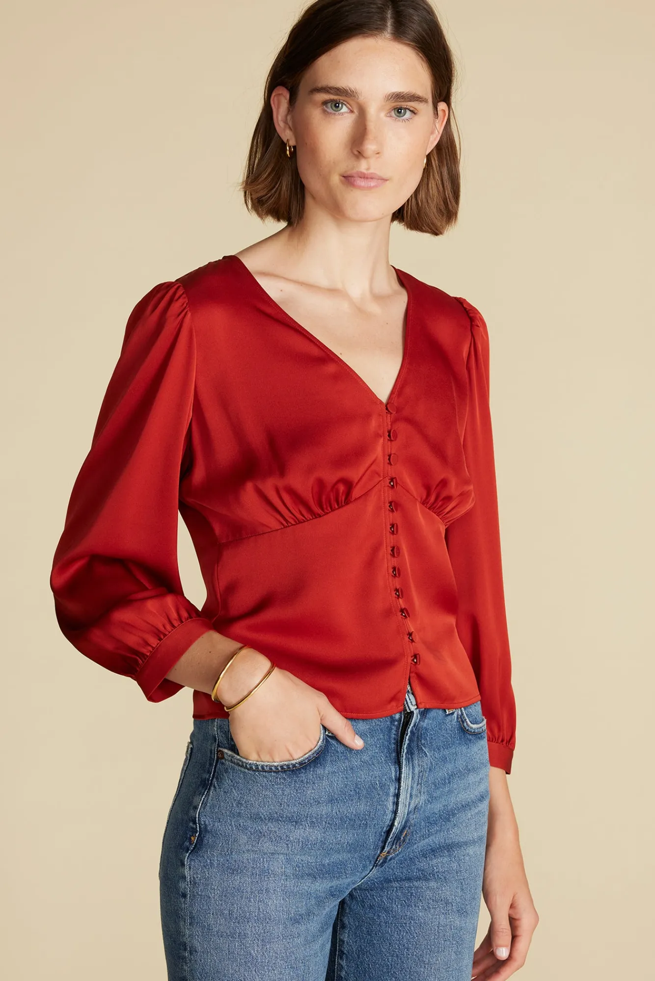 Amour Vert Aurelie Stretch Silk Bustier Blouse- Blouses & Shirts|Tops