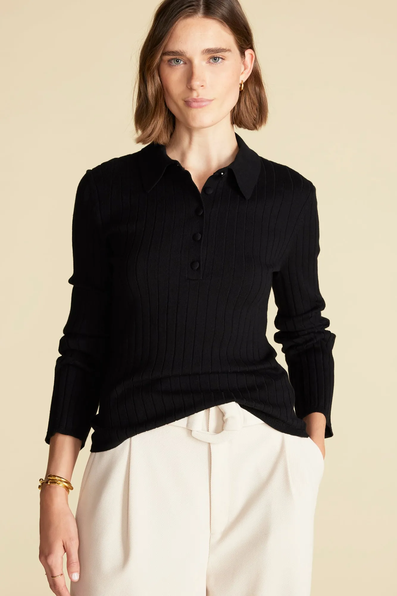 Amour Vert Lorraine Merino Wool Henley Sweater- Sweaters & Cardigans|Clearance