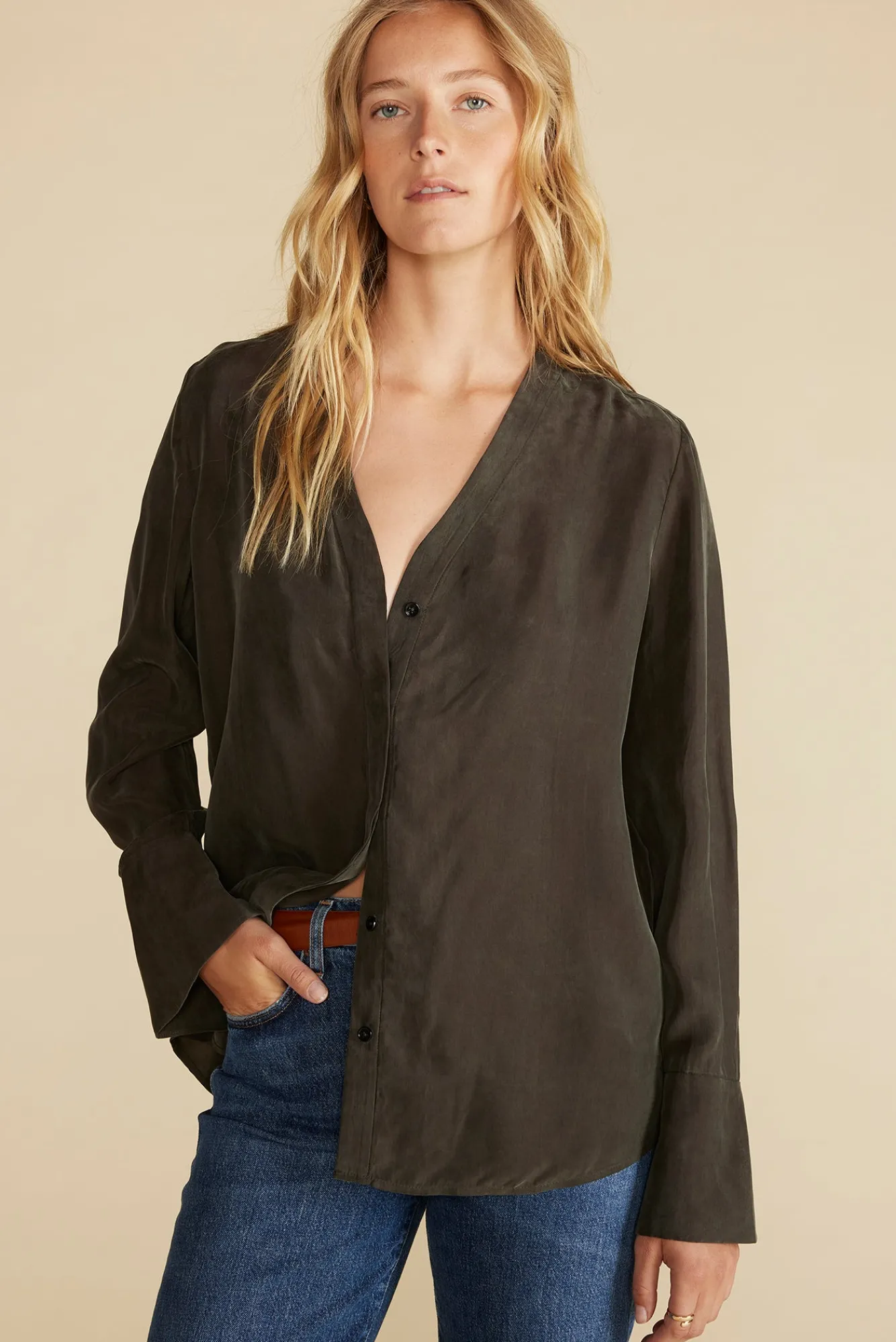 Amour Vert Dree Cupro V Neck Blouse- Blouses & Shirts|Tops