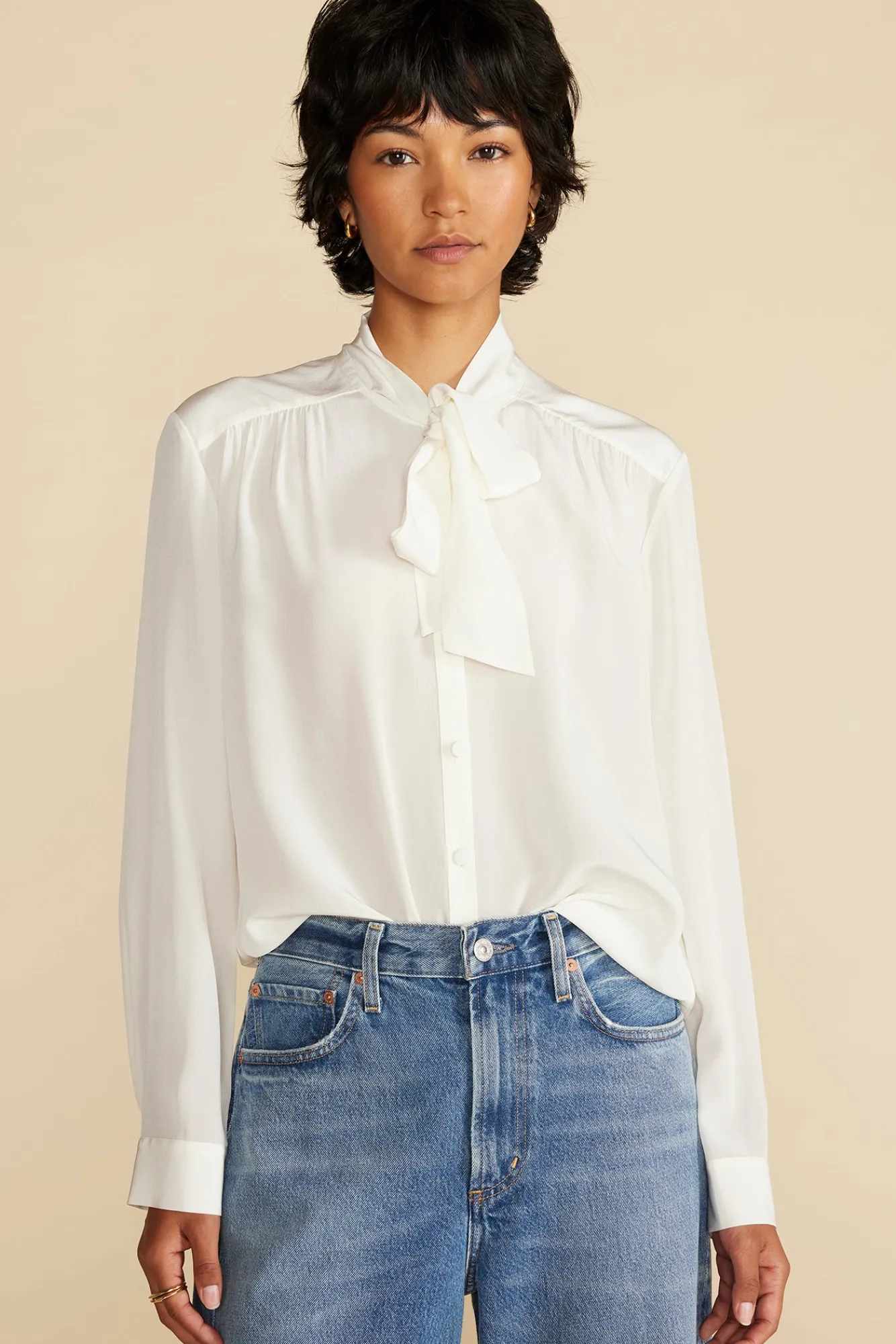 Amour Vert Milla Washable Silk Bow Blouse- Blouses & Shirts|Tops
