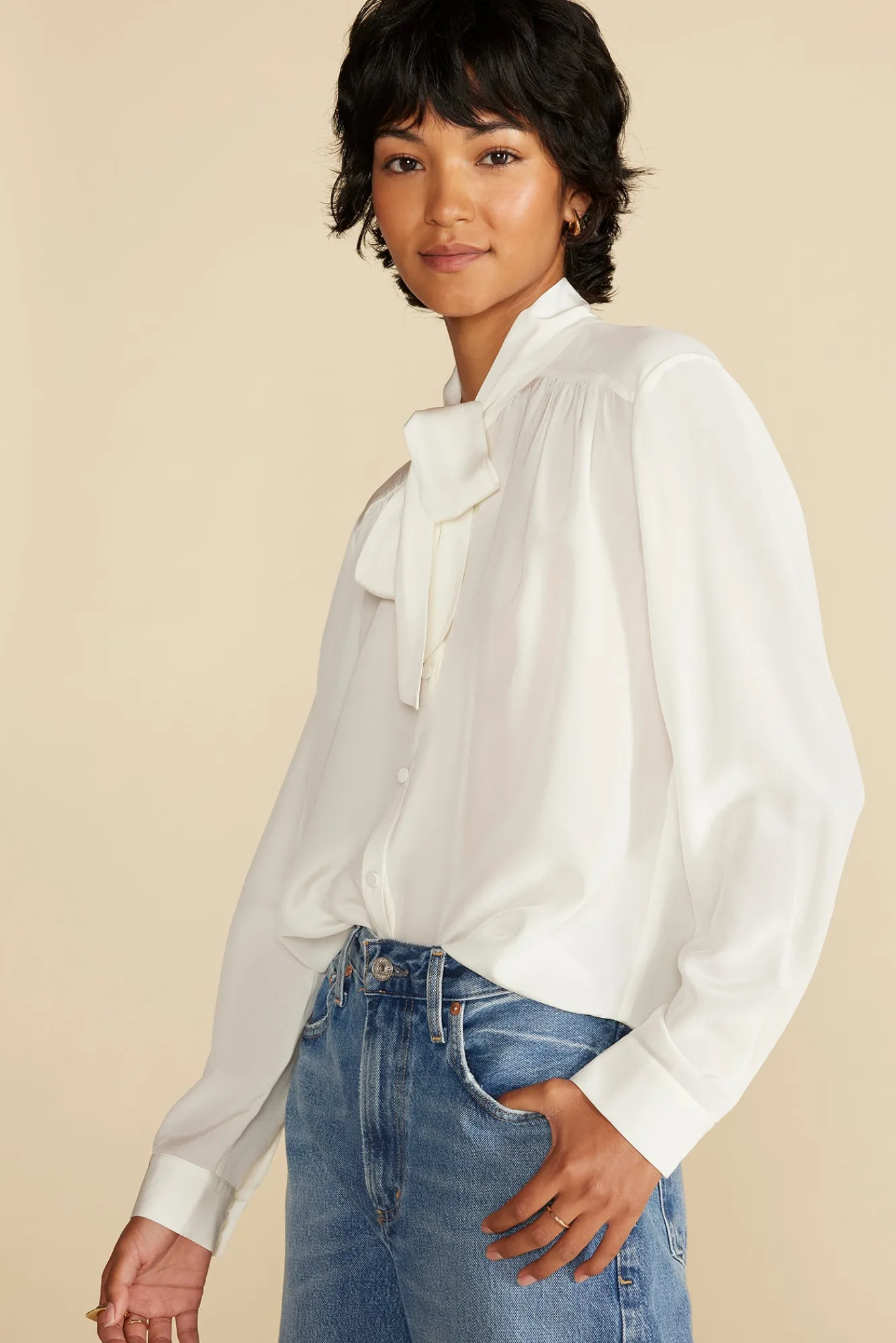 Amour Vert Milla Washable Silk Bow Blouse- Blouses & Shirts|Tops