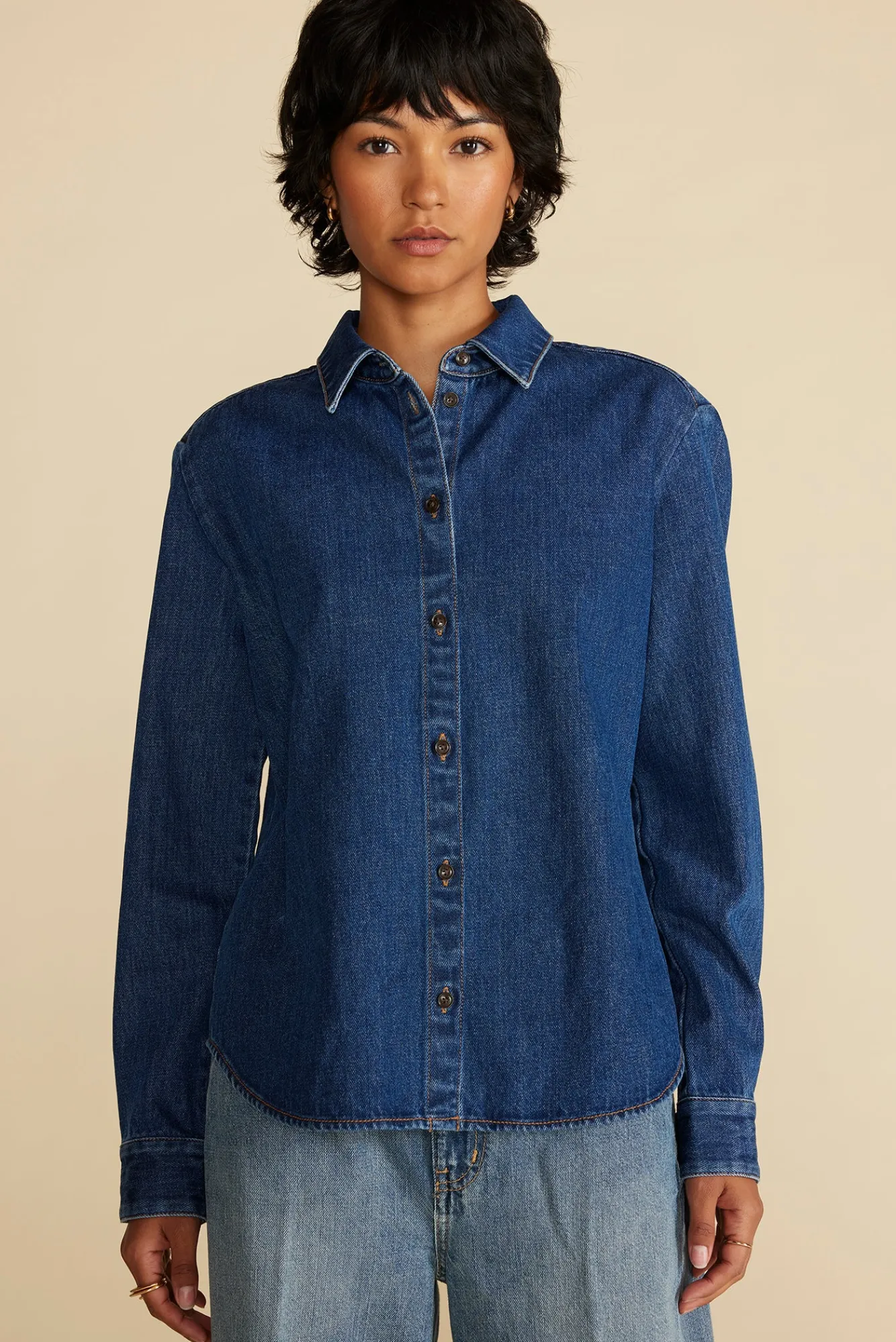 Amour Vert Bixby Denim Collared Long Sleeve Top- Blouses & Shirts|Tops