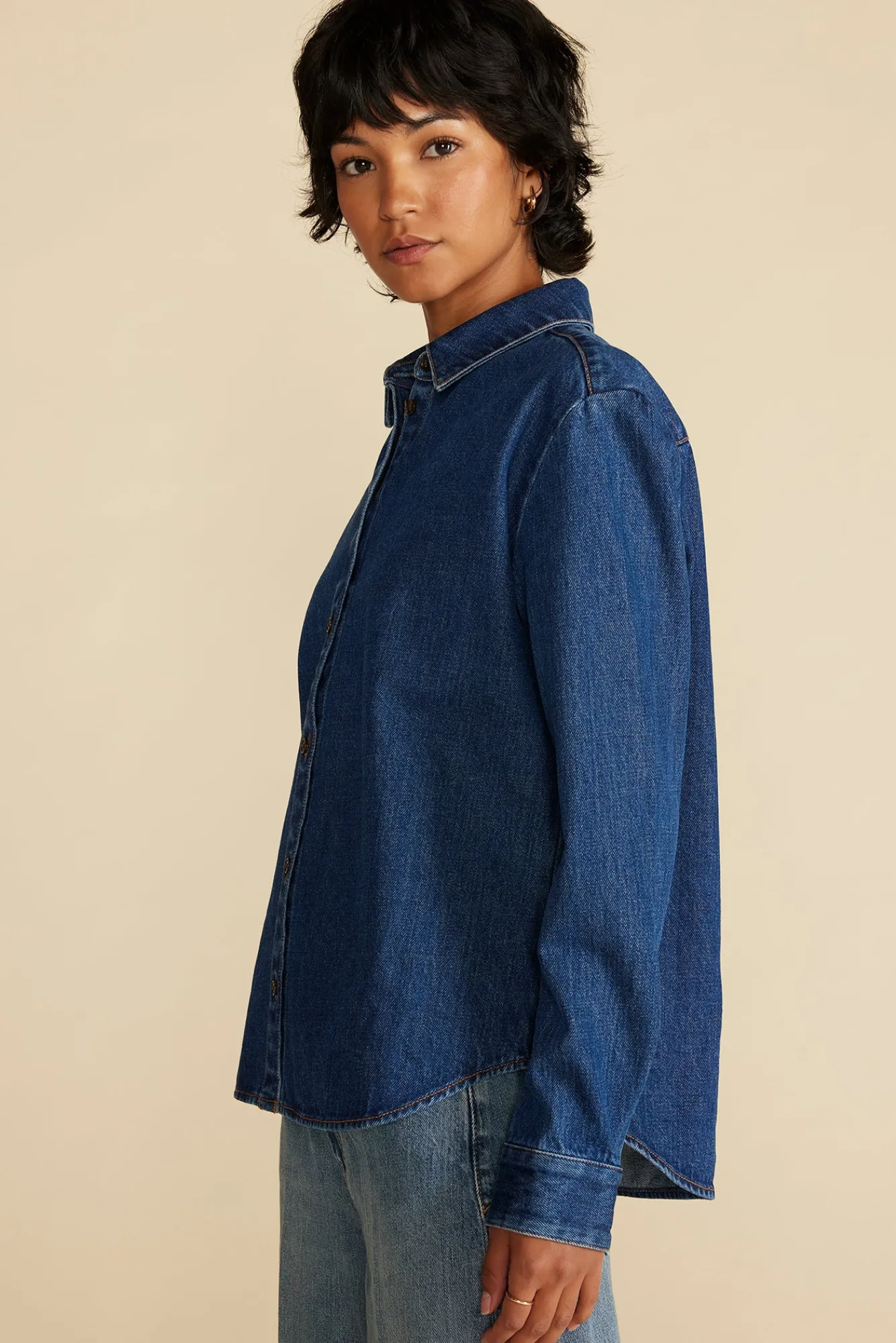 Amour Vert Bixby Denim Collared Long Sleeve Top- Blouses & Shirts|Tops