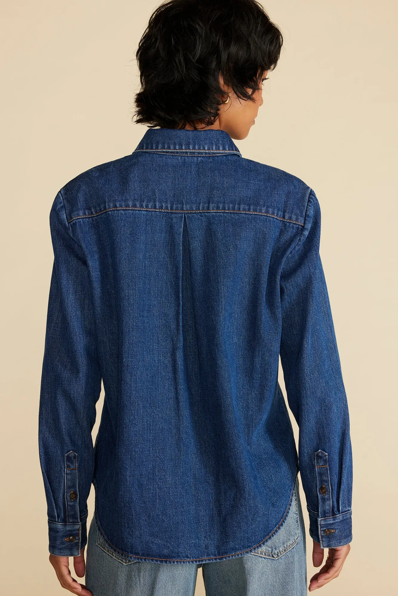 Amour Vert Bixby Denim Collared Long Sleeve Top- Blouses & Shirts|Tops