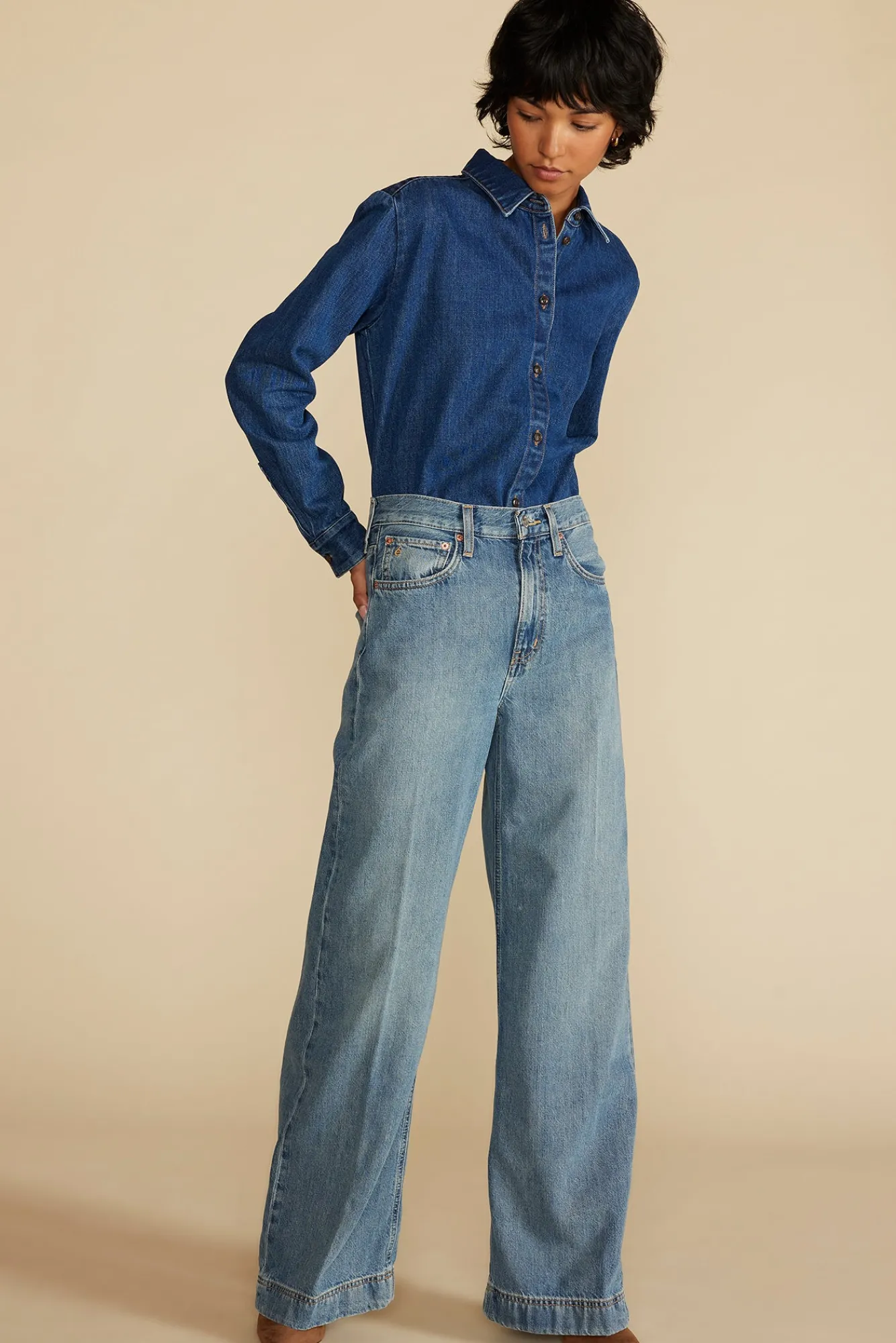 Amour Vert Bixby Denim Collared Long Sleeve Top- Blouses & Shirts|Tops