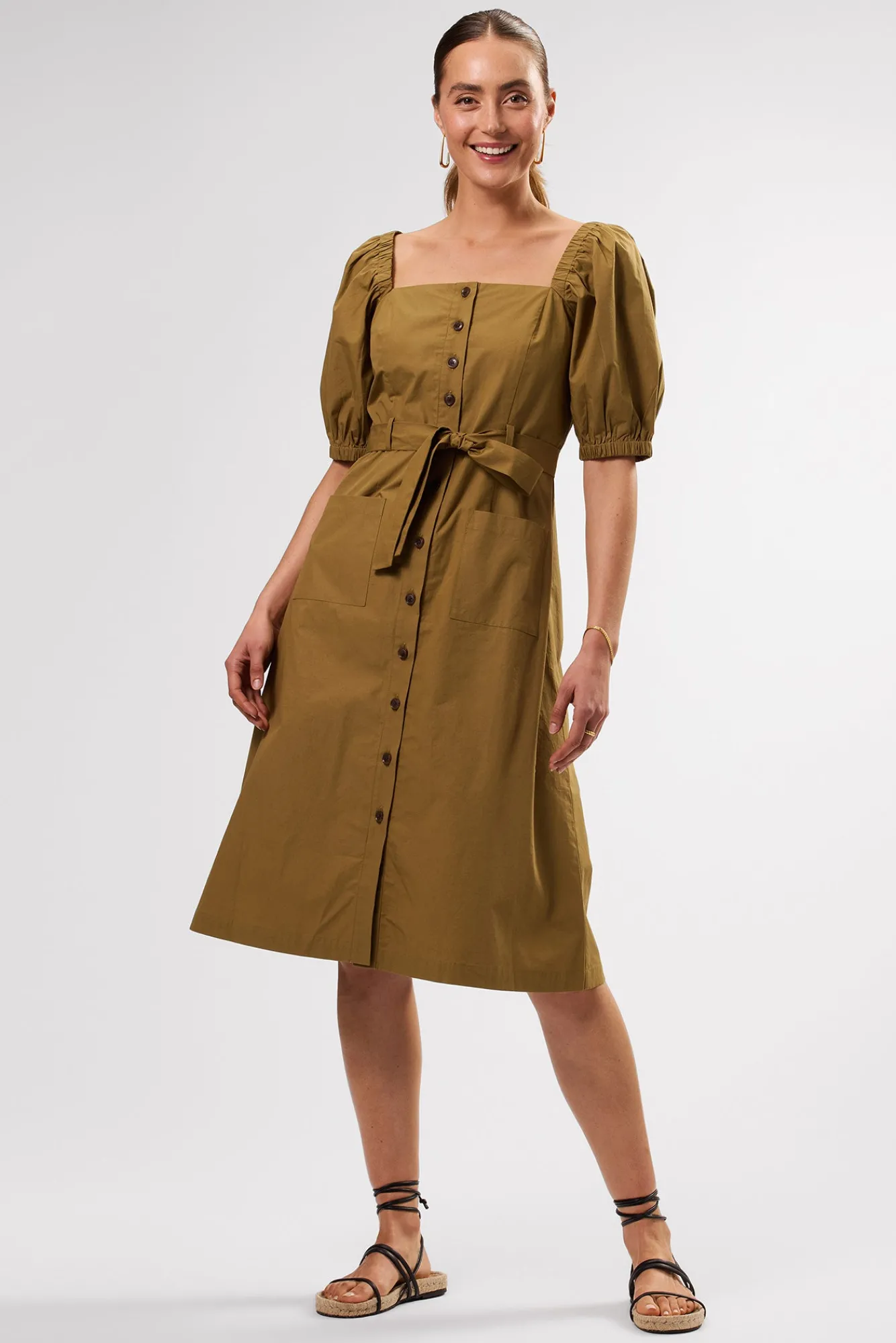 Amour Vert Square Neck Button Front Dress- Dresses|Clearance