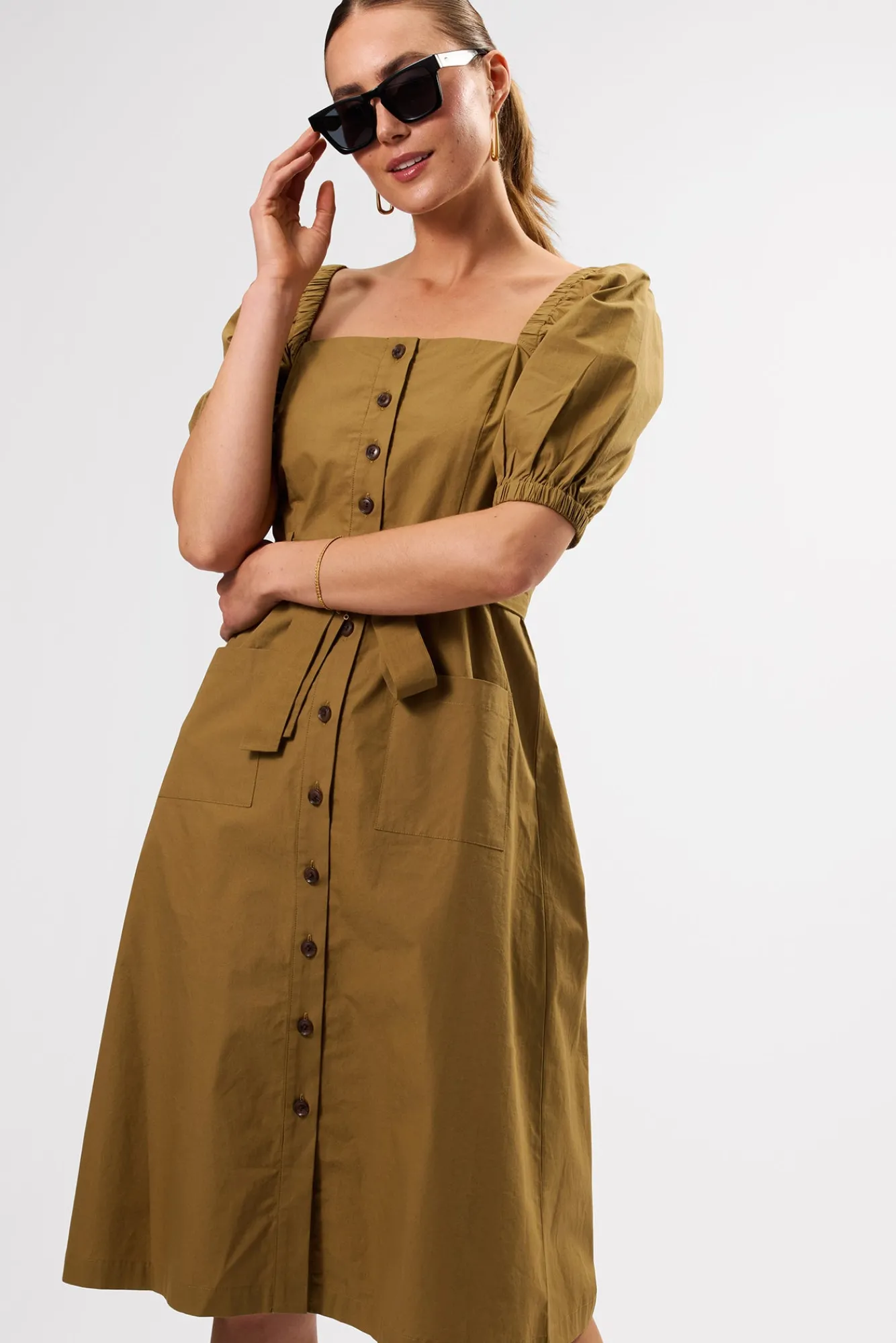 Amour Vert Square Neck Button Front Dress- Dresses|Clearance