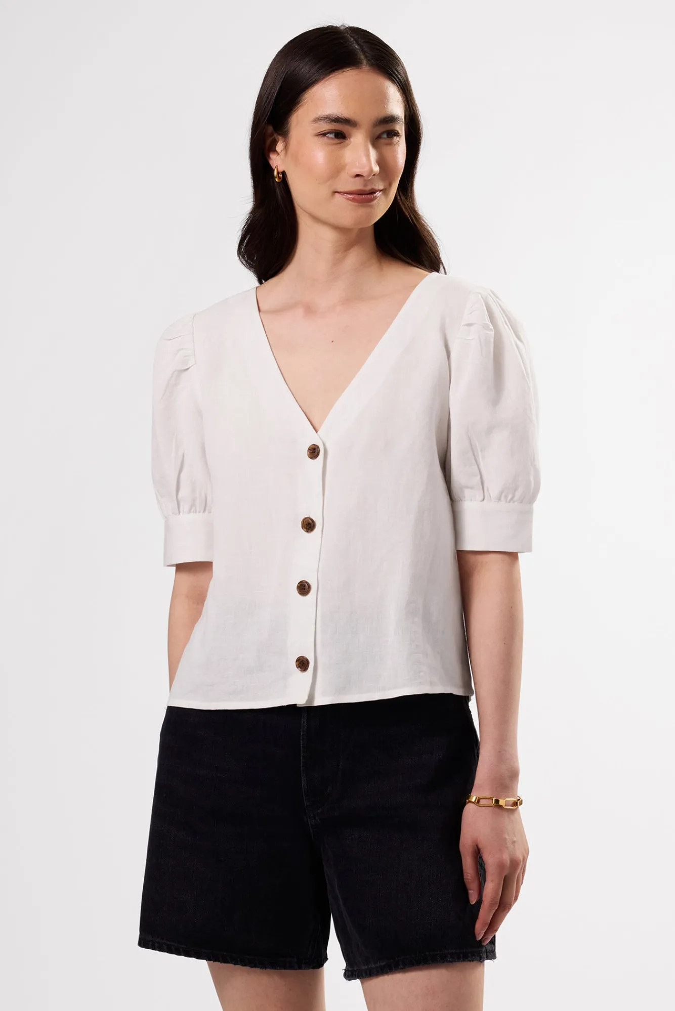 Amour Vert V Neck Cuff Sleeved Blouse- Tops|Clearance